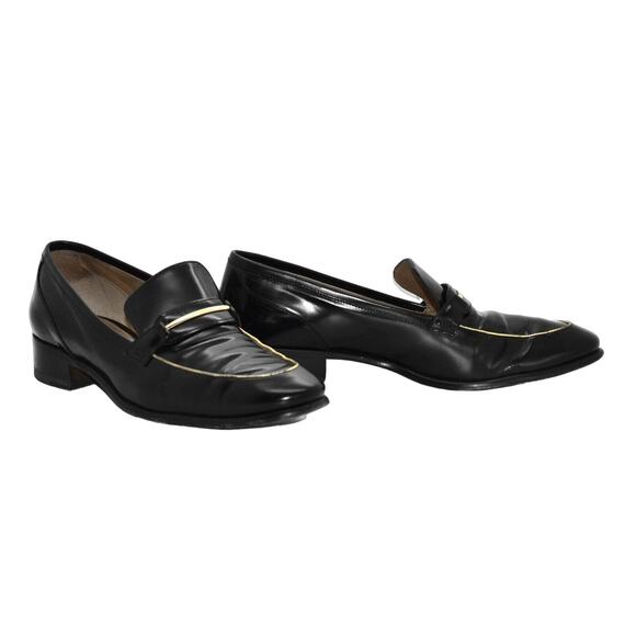 B4 Auth SALVATORE FERRAGAMO Reed Black Leather Gold Trim Loafer Shoes Sz 9B $495